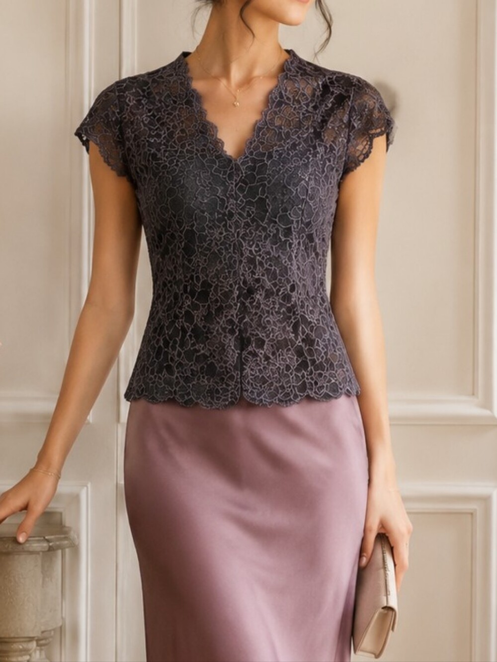 Precis Petite Blouse 2P Purpleish Gray Floral Lace V Neck Scalloped Romantic Ful